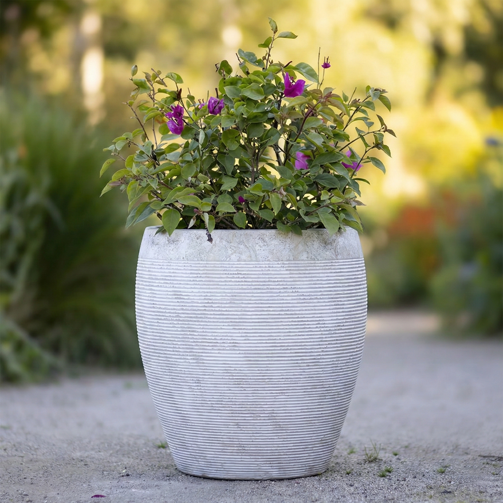 Macetero Arrayán claro con textura horizontal y planta de flores fucsias