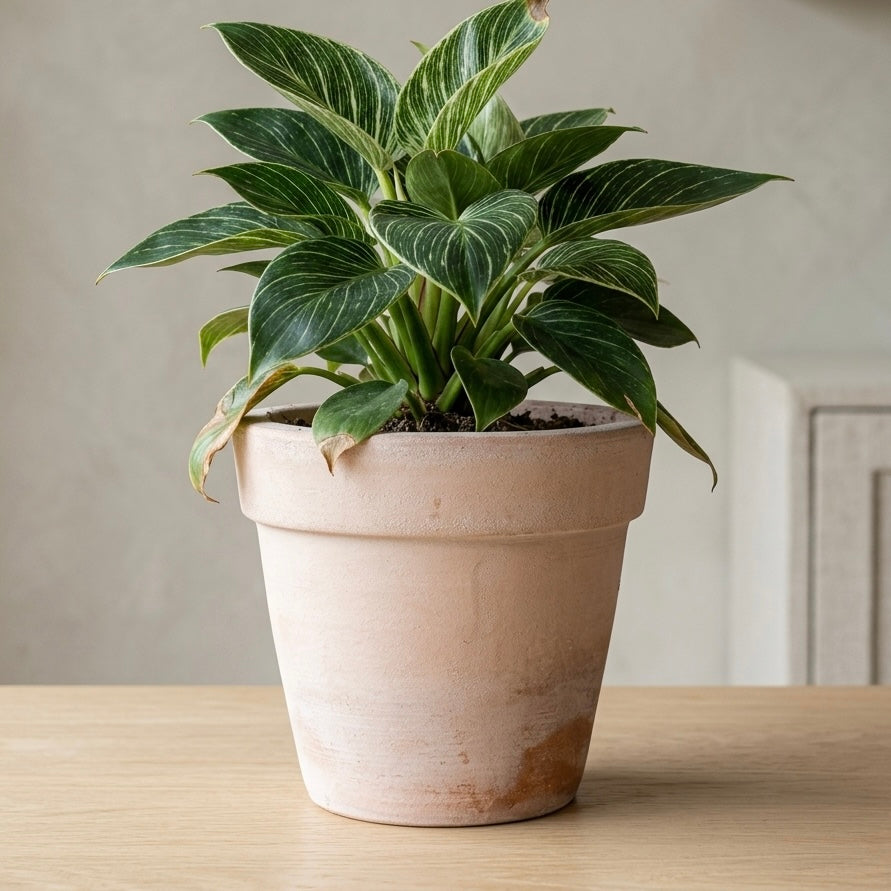 Macetero Quillay con planta sobre mesa en interior