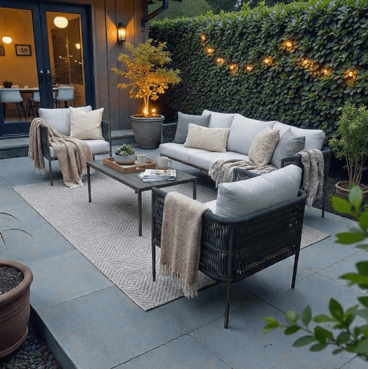 Living Cantaria con sofá, dos sitiales y mesa de centro en terraza